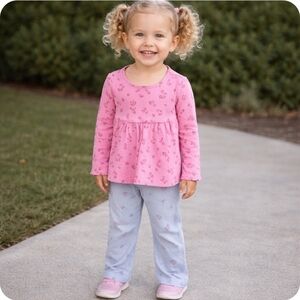 4/$15 Pink Floral Long-Sleeve Peplum Top with Light Blue Pants Set Bundle